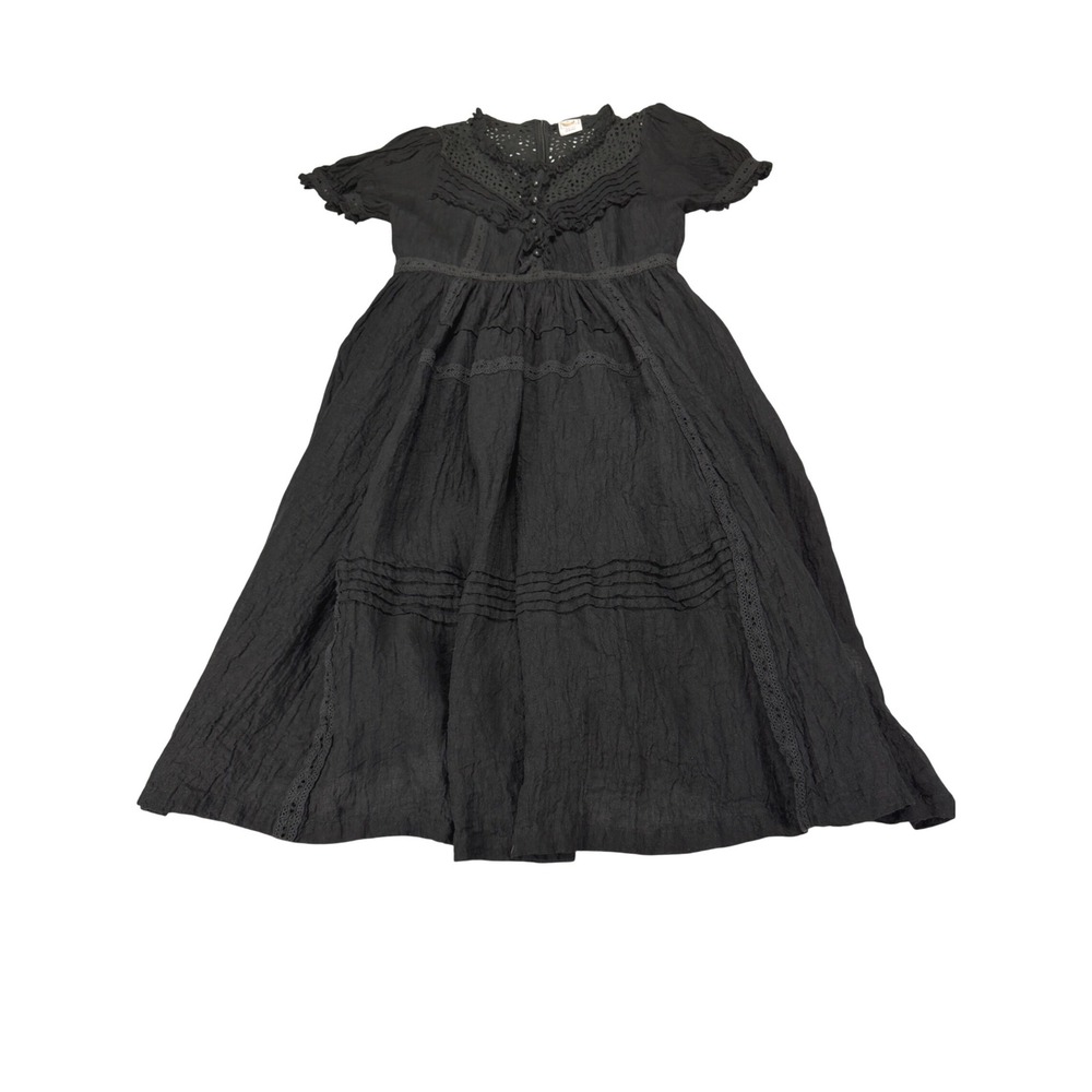 Comfort First Classy Always Black Linen Eyelet Lace Midi Dress Cottagecore S